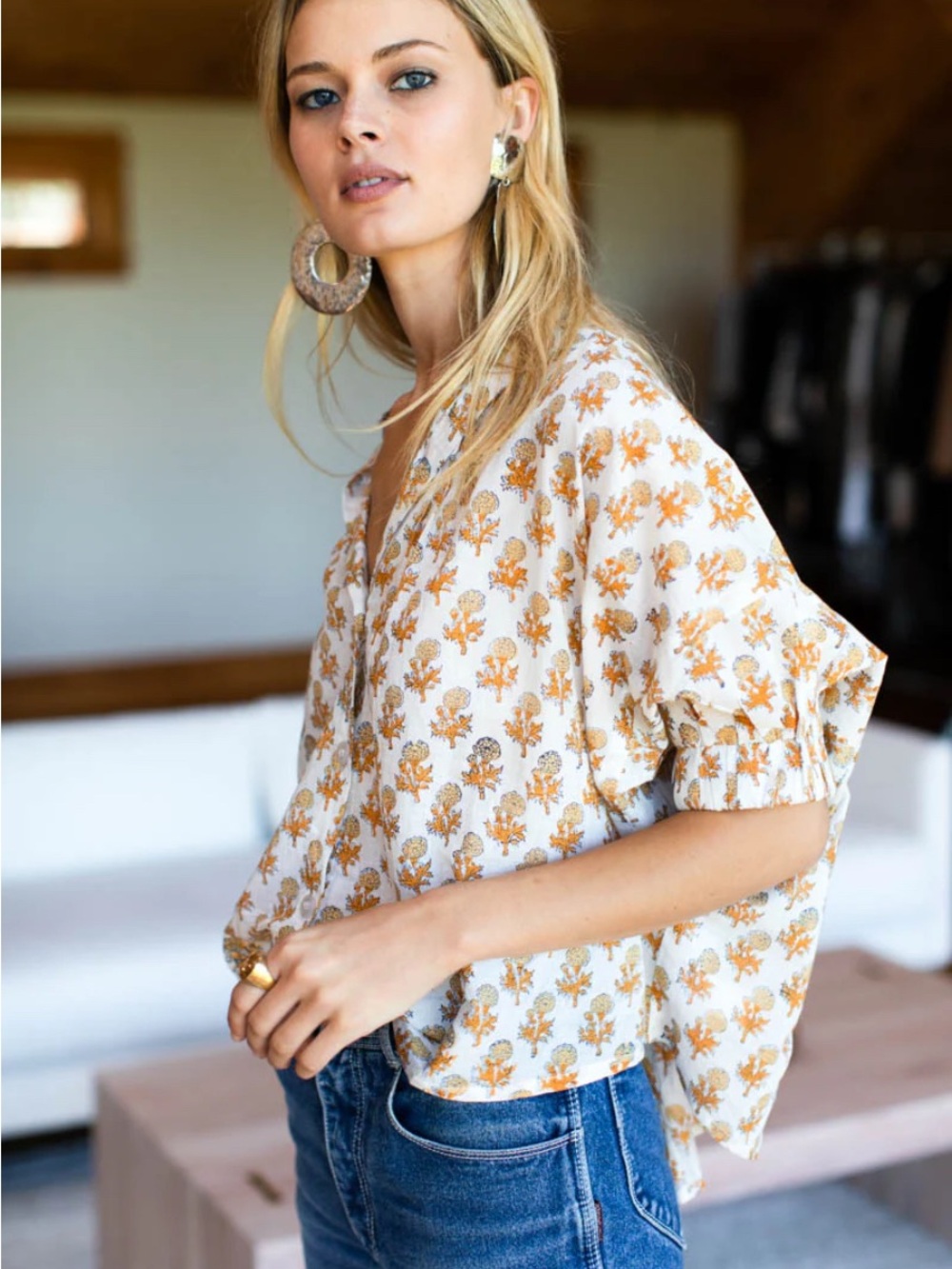 Emerson Fry Little Marigolds Mandarin Collar Organic Top - Picture 3 of 14